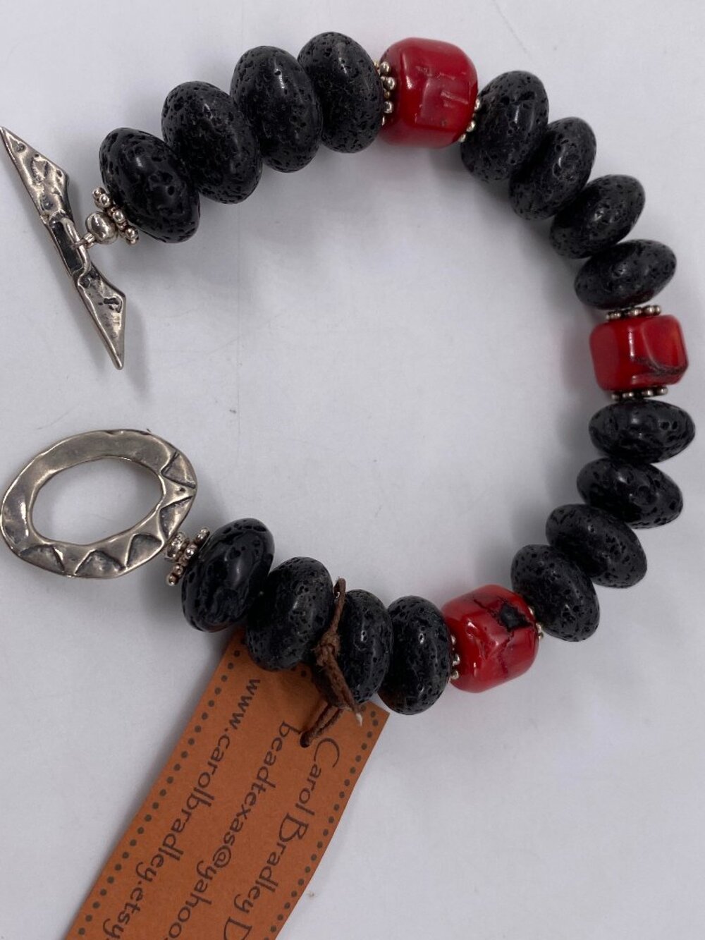 Carol Bradley Bracelet Black Lava Rock Red Coral Sterling Silver 925 Clasp